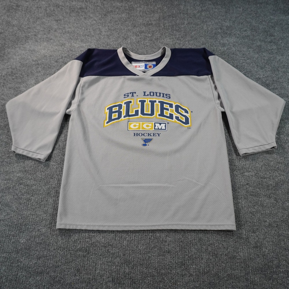 CCM St. Louis Blues Hockey Jersey Mens Medium Grey Navy Blue Mesh V-Neck NHL